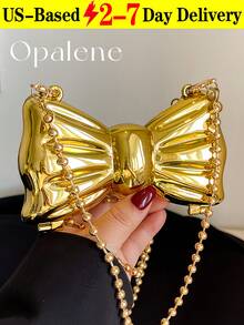 Bowknot Mini Evening Bag For Women, Acrylic Bow-Shaped Crossbody Chain Bag, Metallic Gold Lipstick Bag, Women's Stylish Lipstick Holder Shoulder Crossbody Bag, Suitable For Party, Date, Decorative Clutch, Coin Purse, Silver, Gold Earphone Case - 彩色 - 查看 15