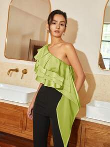 Top elegante de mujer con volantes, dobladillo asimétrico y un solo hombro, para verano - Verde Lima - Ver 3