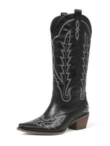 Women's Vintage Classic Western Knee High Cowboy Boots Fashion Embroider Block Chunky Heel Pull On Pointed Toe Retro Cowgirl Boots - 黑色 - 查看 4
