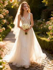 YOUKEFEIER Elegant V-Neck Spaghetti Strap Wedding Dress, Delicate Lace Top, Flowing Skirt Showcasing Bridal Charm - Beige - View 10