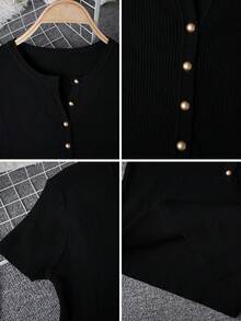 Chic Metal Half-Button V-Neck Short Sleeve Knit Top For Women, Fitted Design, & Versatile, Spring/Summer Black - Black - View 9