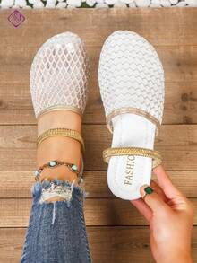 女士镂空透气网面平底一脚蹬鞋，百搭休闲时尚优雅乐福鞋，适合派对、海滩、度假等场合 - 白色 - 查看 1