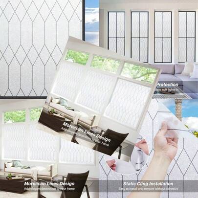 Película de privacidad para ventanas, adhesivos de vinilo decorativos opacos con diseño de líneas marroquíes para cubrir puertas y ventanas de vidrio, bloqueo UV y sol, sin adhesivo, 17.5 X 78.7 pulgadas