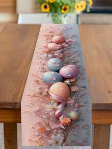 1pc Floral And Easter Egg Pattern Table Runner | Made Of Polyester Fiber, Soft Color Tones, Suitable For Easter, Spring Parties, Birthdays, Weddings, Anniversaries, Home, Restaurant, Cafe, Kitchen, Dining Table, Coffee Table, Buffet, Events, Banquets, Picnics - Baby Pink - View 3