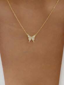 1pc Delicate Fully Rhinestone Butterfly Necklace, Fashionable Versatile Crystal Butterfly Collarbone Chain For Women - Gold - View 1
