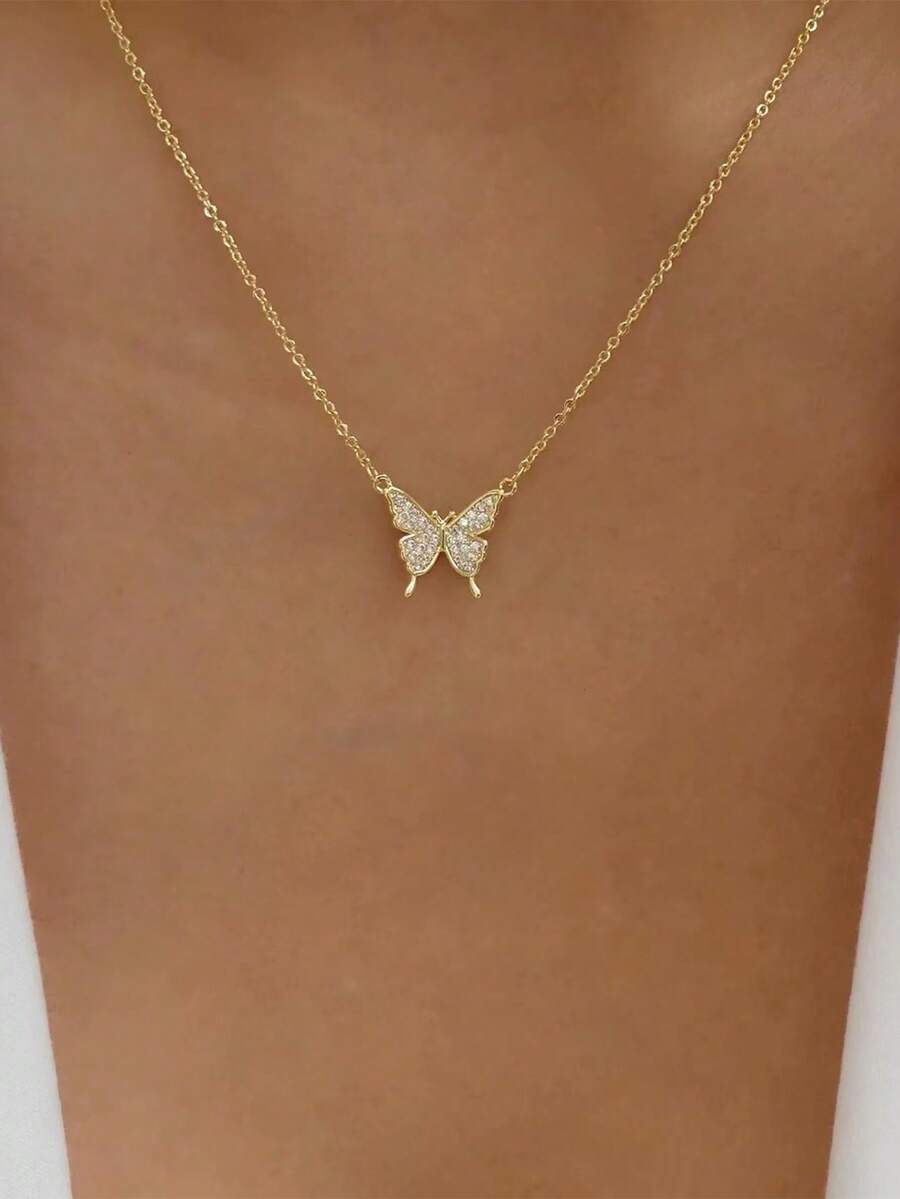 1pc Delicate Fully Rhinestone Butterfly Necklace, Fashionable Versatile Crystal Butterfly Collarbone Chain For Women - Gold - View 1