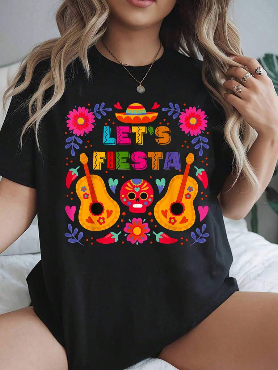 Camisetas Piñata Let'Fiesta Cinco De Mayo 2026, conjuntos de primavera y verano para mujer, blusas negras tees - Negro - Ver 1