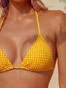 wohenmeili Bộ bikini buộc dây cổ kiểu Bohemian, bikini co giãn cao cấp, áo bơi tam giác buộc dây và quần lọt khe nhún bèo buộc dây bên hông dành cho nữ, đồ đi biển, đồ bơi nữ chất liệu kẻ caro đặc biệt cho kỳ nghỉ hè. - Lưới màu cam - Xem 8