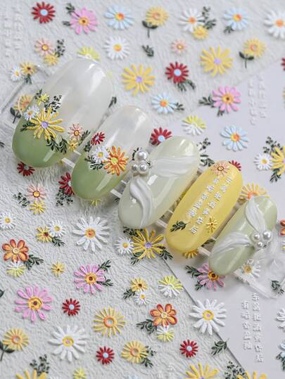 Naklejki na paznokcie 5D Spring White/Pink Embossed Daisy Flower z motywem białych stokrotek, samoprzylepna, elegancka naklejka na paznokcie Daisy Floweret Slider