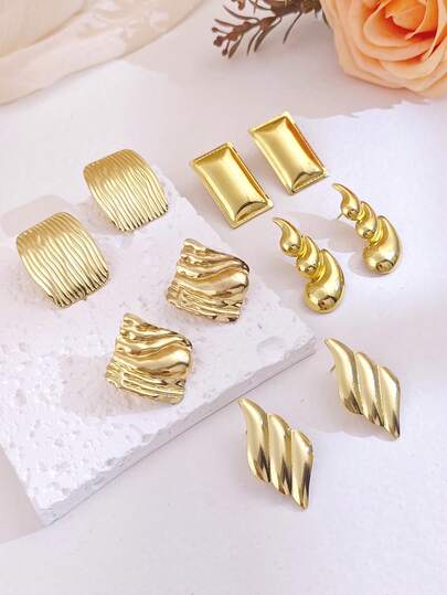 5 Pairs Waterproof Stainless Steel Studs Earrings For Girls Fashion Women Earrings Women Jewelry Minimalist Geometric Fashionable, Luxurious, Simple, Elegant, And Personalized Earring