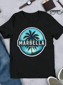 Camiseta con estampado de palmeras de Marbella, Espa?a. Tejido premium, ajuste cómodo, transpirable, hip-hop callejero, estampado gráfico único, nuevo lanzamiento. - Negro - Ver 2