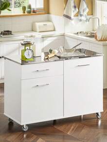 SoBuy FKW117-W، جزيرة مطبخ خزانة مطبخ خزانة على عجلات مع سطح عمل من الفولاذ المقاوم للصدأ، ترولي تخزين المطبخ - أبيض - مشاهدة 1