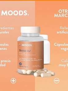 Moods | Multivitamínico Natural - Adaptógeno Melena de León y Shiitake - Zinc y Resveratrol - Vitaminas C, D, B12-60 Cápsulas Veganas - Shields Up! - Immune - Naranja Coral - Ver 1