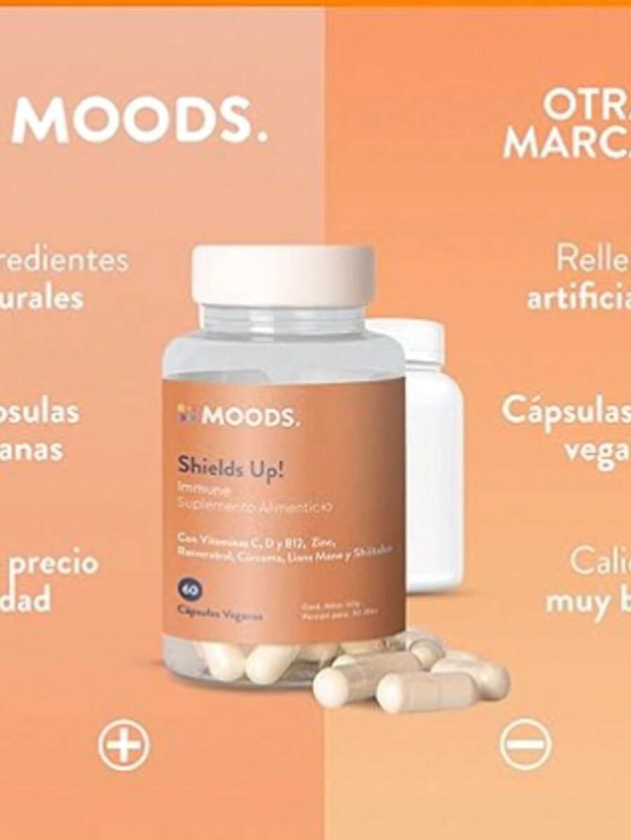 Moods | Multivitamínico Natural - Adaptógeno Melena de León y Shiitake - Zinc y Resveratrol - Vitaminas C, D, B12-60 Cápsulas Veganas - Shields Up! - Immune - Naranja Coral - Ver 1