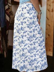 Women's Spring/Summer Chinoiserie Print Ruffle Hem Elastic Mesh Skirt, Casual Everyday/Vacation/Party Wear - Blue and White - View 2