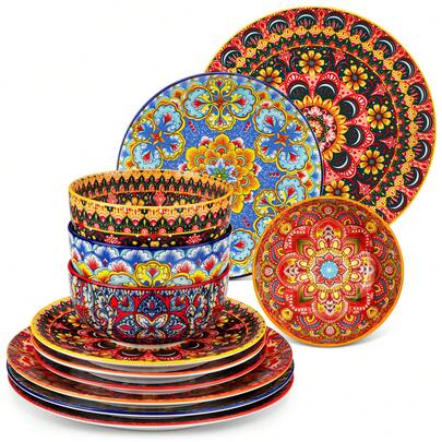 MALACASA 12-Piecee Porcelain Dinnerware Set, Boehaim Style, Both Sides Dinner Plate, Dessert Plate And Bowl Set For 4 Person, Multicolor, Including Red, Blue, Orange And Yellow