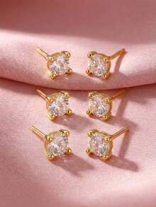 2pcs/4pcs/6pcs/Set Simple And Exquisite Gold Copper Inlaid Zirconia Earrings Ear Stud Children'S Jewelry Accessories Ear Studs Ear Bone Studs Holiday Party Matching Jewelry - Gold - View 1