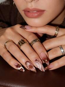 24pcs Almond Shaped 3D Gel Nail Stickers, Floral Nail Art Design, French Tip Style, Medium Size Metal Cross Decor, Pearl Accent, Perfect For Acrylic Nail Tips, Includes: 1pc Jelly Gel And 1pc Nail File. Almond Shaped French Nail Stickers, Suitable For Women's Daily Work, Festivals And Parties. - 棕色 - 查看 2