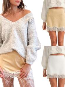 Women Y2K Satin Lace Short Skirt Low Waist Floral Edge A-Line Layering Skirt - 香檳色 - 查看 6