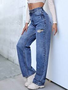 Jeans de pierna recta de talla grande, con detalles desgastados, longitud larga, tela sin estiramiento, para mujer casual de primavera - Azul lavado medio - Ver 5