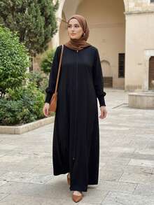 Casual Solid Color Long Zip Pocket Dress, Suitable For Daily And Holiday Wear Black Spring Fall - Black - View 9