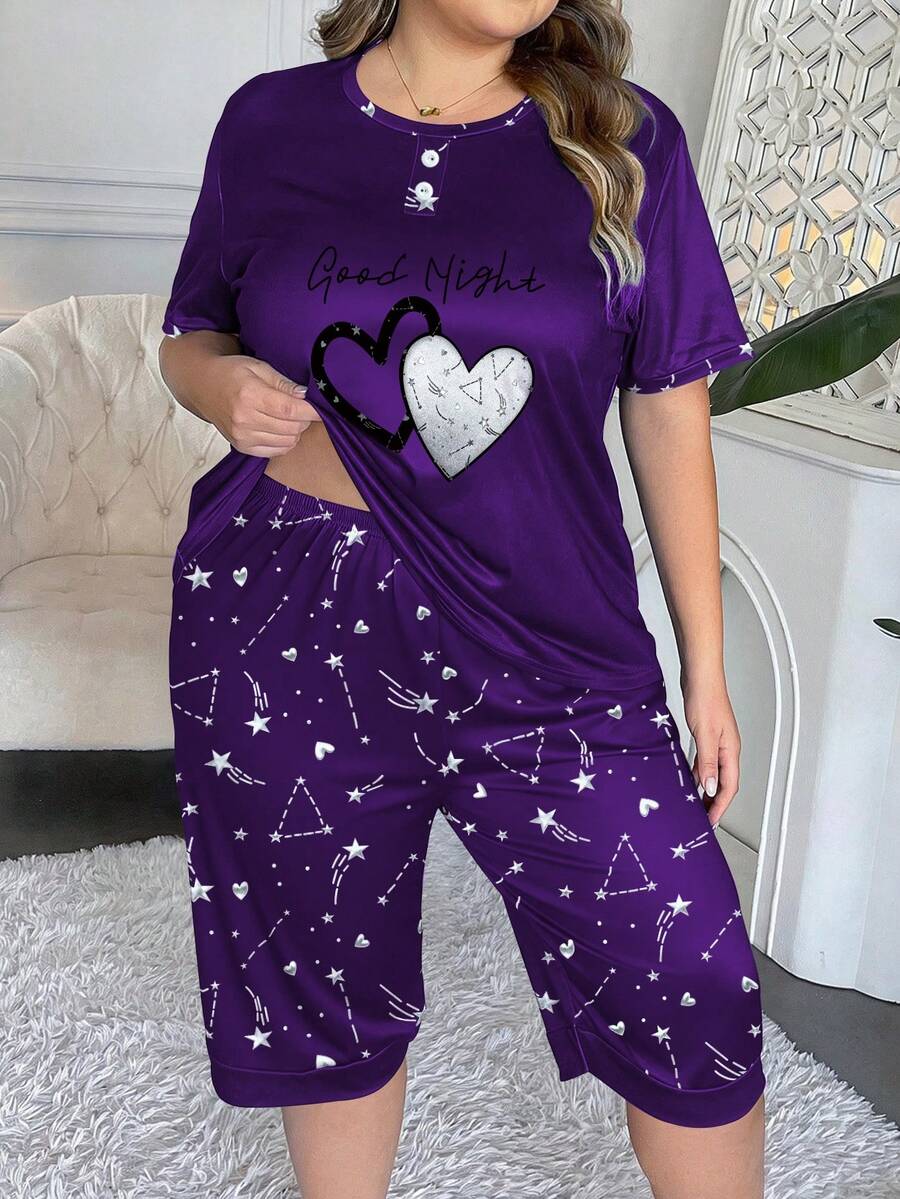 大码女式时尚睡衣家居服套装,拼接设计,心形和星星印花短袖上衣和印花七分裤,两件套睡衣套装 - 彩色 - 查看 1