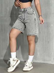 Quần short denim dáng casual đa năng cho nữ tuổi teen, có túi và cúc. - Xám - Xem 4