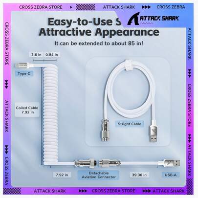  ATTACK SHARK C01 PRO 螺旋键盘线，定制螺旋 USB-C 机械游戏键盘线，Type-C 转 USB-A 金属航空线，双层编织充电键盘线，适用于主流游戏主机键盘鼠标/PC 游戏玩家，礼品，节日礼物，家庭礼物 - 白色/灰色/红色/黑色/粉色