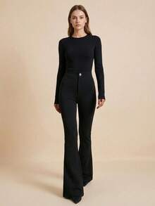 Women's Solid Color Button Casual Versatile Daily Flare Pants - Black - View 2