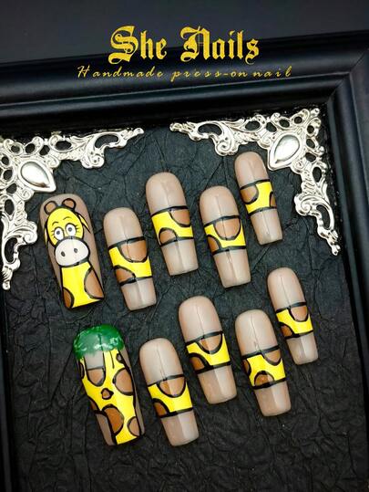 Buy It Or Your Will Regret: DIY 10pcs Special Super Cute Color Pure Handpainted Giraffe Acylic Nails Long Square Shaped Handmade Press On Nails Special Style A Must-Have For Cool Girls And Cute Girls For Parties And Daily Wear With Free Gel Sticker Nail File Nails Supplies.