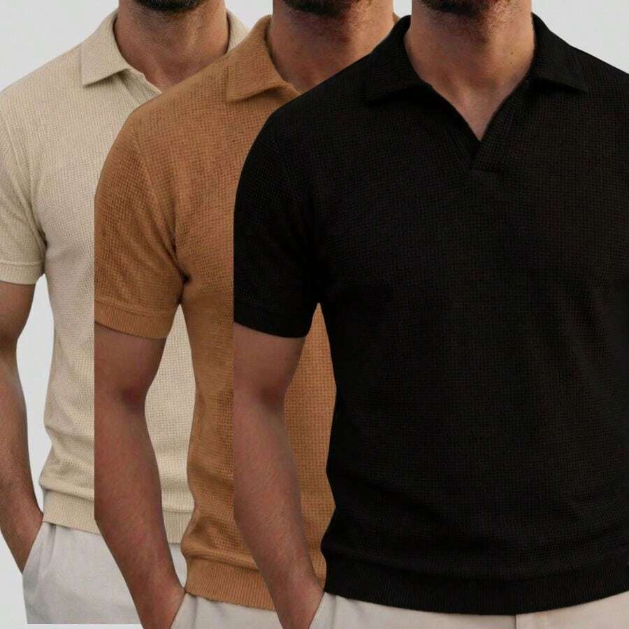 Kit Of 3 Textured Italian Polo Shirts Without Buttons, Slim Sleeves. - Beige, Caramelo y Negro - Ver 1