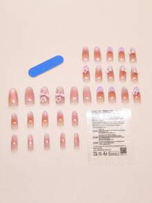 30片椭圆形可爱格子法式猫眼腮红蝴蝶结镂空星星美甲贴纸，可移除，适合女性日常工作，1个指甲锉+1瓶果冻凝胶美甲用品 - 彩色 - 查看 2