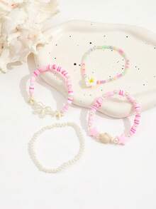 4pcs/Set Cute Bow Flower Turtle Starfish Bracelets Set Fashion Faux Pearl Beas Bracelets Jewelry Accessories - Multicolor - View 3