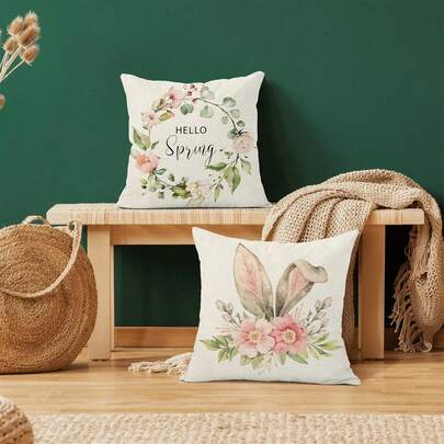 2件装“你好春天”花环枕套，复活节兔子户外装饰沙发枕套，兔子花卉装饰靠垫套，柔软乡村风方形亚麻枕套，适用于床、汽车、沙发，单面设计，不含枕芯
