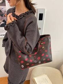 大容量通勤手提包，时尚印花单肩/腋下包，休闲个性ins风女式手提包 - 咖啡棕 - 查看 6