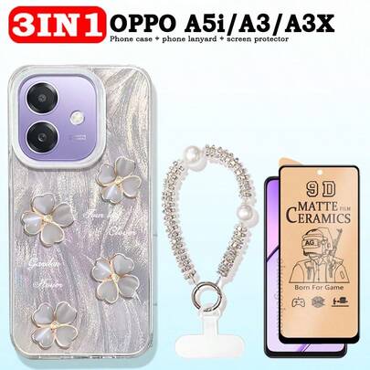 3-In-1 For OPPO A5i: Screen Protector, OPPO A3 4G/5G IMD Phone Case, OPPO A5i Four-Leaf Clover & Feather Design Phone Case, Ceramic Film, Anti-Peeping Soft Film, Crystal Pearl Wrist Strap, Phone Lanyard