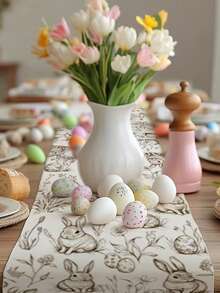 1pc Easter Table Runner | Square Table Runner With Rabbit And Egg Patterns, Farmhouse Style, Suitable For Indoor And Outdoor Use In Spring, Great For Home Kitchen Decor - Beige - View 4