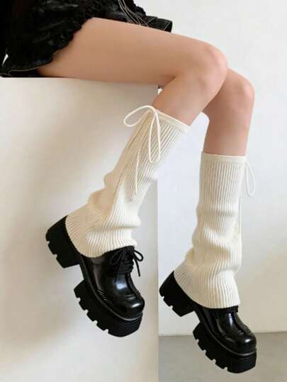 1 Pair Solid Color Knit Flared Leg Warmers With Bowknot, White/Grey, Autumn/Winter