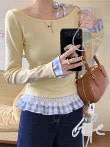 新款女士春秋季针织长袖圣诞角色扮演简约黄色二合一修身荷叶边下摆打底长袖上衣，适合娇小身材 - 杏色 - 查看 3