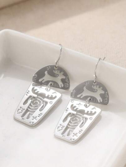 1 Pair Geometric Vintage Pendant Earrings, Handmade Hollow Earrings, Deer Design, Cute Creative Jewelry Accessories For Festivals And Parties