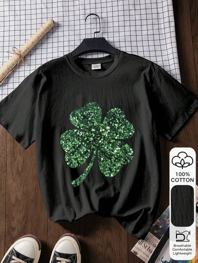St. Patrick's Day Lucky Clover Print 100% Cotton Short Sleeve T-Shirt For Women, Back To School Essential, Perfect For First Day Of School Outfit