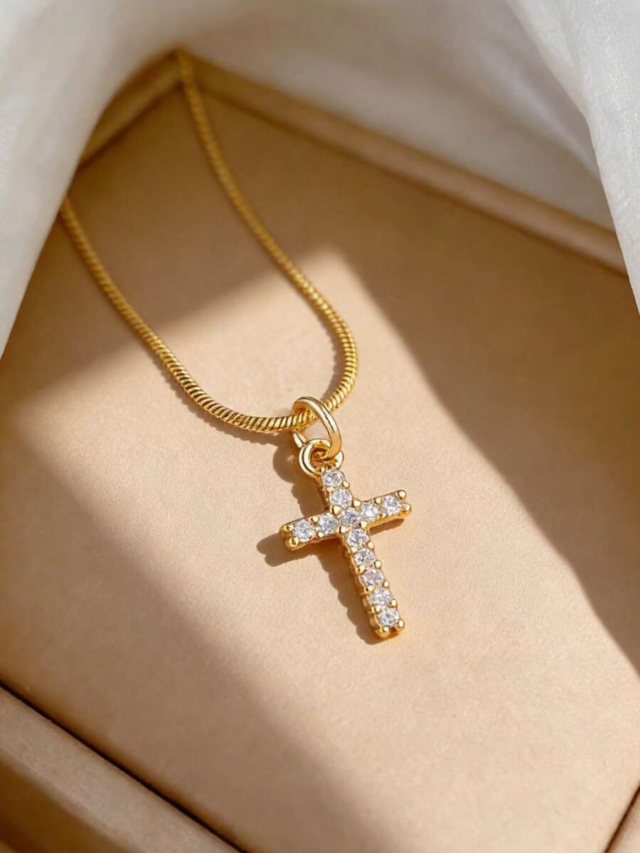 1 pieza Collar con colgante de cruz de circonita cúbica mini con cadena ajustable en tono dorado, joyería de acero de titanio, regalo para el Día de San Valentín, Día de la Madre - Cruz - Ver 1