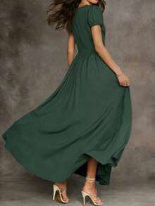 女士优雅长裙，时尚泡泡袖V领设计，法式复古风，收腰喇叭裙摆，夏季约会之夜连衣裙 - 綠色 - 查看 4