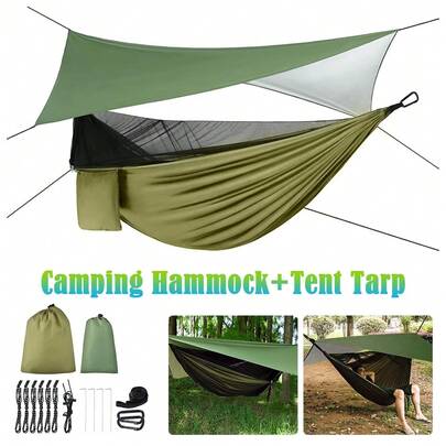 Double Person Camping Hammock With Mosquito Net+ Rain Cover Tent Tarp Rain Fly Waterproof (Army Green)