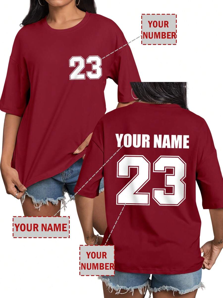 Customizable Personalized Gift, Front And Back Customizable Women's T-Shirt, Add Your Name And Number, Choose Favorite Color And Font Sports - Burgundy - View 1
