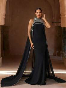 奢华黑色高领无袖连衣裙，端庄优雅，阿拉伯风格女装，女士正式礼服 - 黑色 - 查看 3