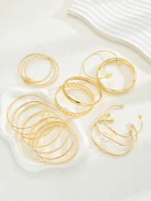 15pcs Fashionable, Minimalist, Elegant, Delicate, Retro Design Sense Geometric Strap, Asymmetrical Embossed Texture, Interlocking Chain, Twisted Braid, Round Bead, Multi-Layer Round Disc, Smooth, Minimalist, Exaggerated Wide Metal Bangle Bracelet Set, Suitable For Holiday, Party, Date, Gift, Daily Wear - Yellow Gold - View 5