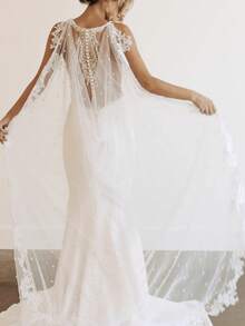 Black Bridal Cape Veil Pearl Beaded Wedding Veil Lace Edge Bolero Jacket Women Shawl Bride Accessories Wedding Coat - Multicolor - View 7