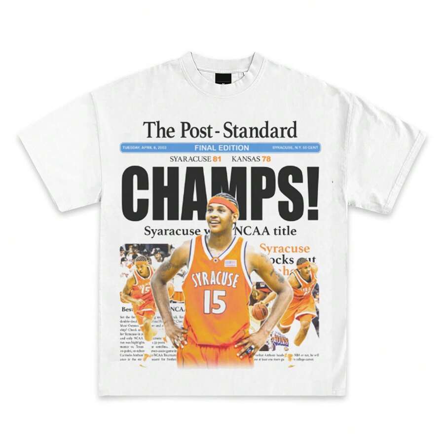 Syracuse 2003 NCAA Champs Carmelo Anthony Newspaper Graphic T-Shirt - White - View 1