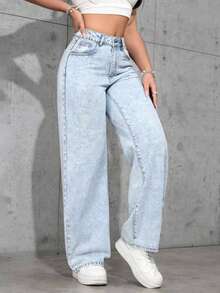 Teen Girl Casual Front Button Pocket Straight Leg Jeans, Daily Wear - Light Wash - View 3